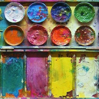 Farbenfrohes Farbkasten-Gemälde „Ich zeige dir Blumen“ (55 × 80 × 4 cm, 2014) – Mischtechnik von Mark Hellbusch. Runde Farbteller in kräftigen Farben, rechteckige Flächen wie abstrahierte Blüten. Heute in Privatbesitz.