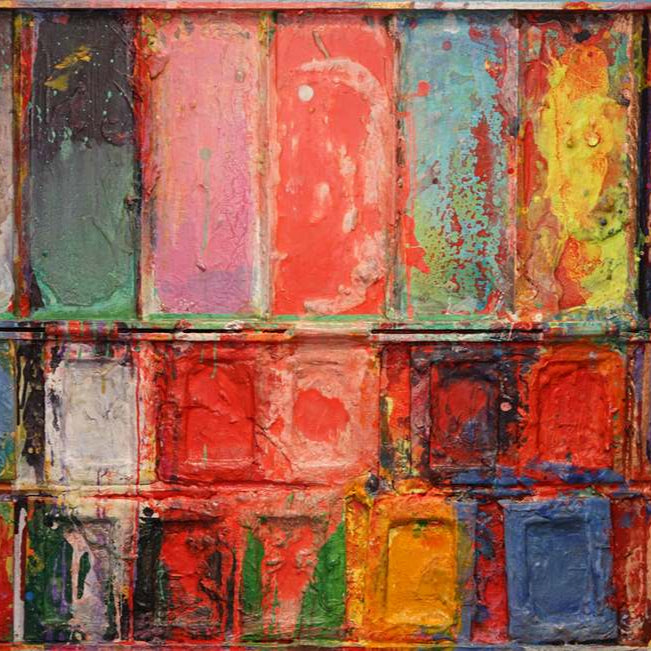 Abstraktes Farbkasten-Gemälde „Im Club“ (110 × 130 × 4 cm, 2021) – leuchtende Neonfarben in Pink, Violett, Türkis und Gelb, kombiniert mit dunklen Akzenten. Rhythmisch und energiegeladen. Heute in Privatbesitz. Atelier Hellbusch