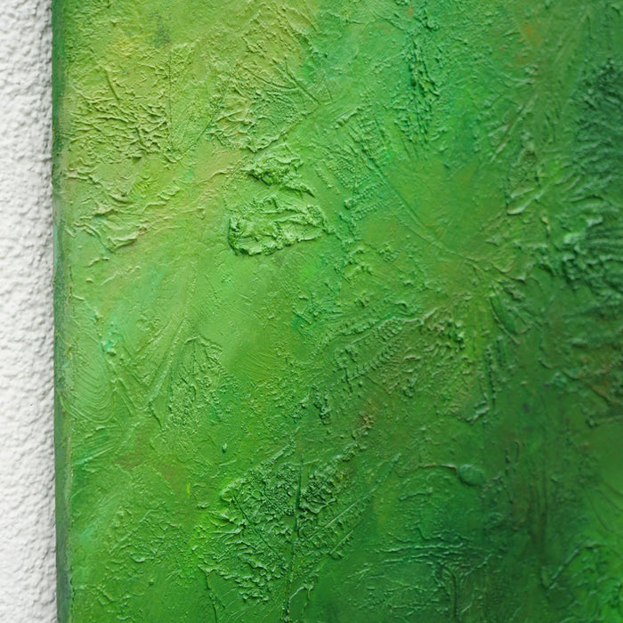"Jack", 60x80cm,2026 (Seitenansicht): moderne Kunst von Mark Hellbusch in grünen Farben auf Leinwand mit tiefer strukturierter Oberfläche.