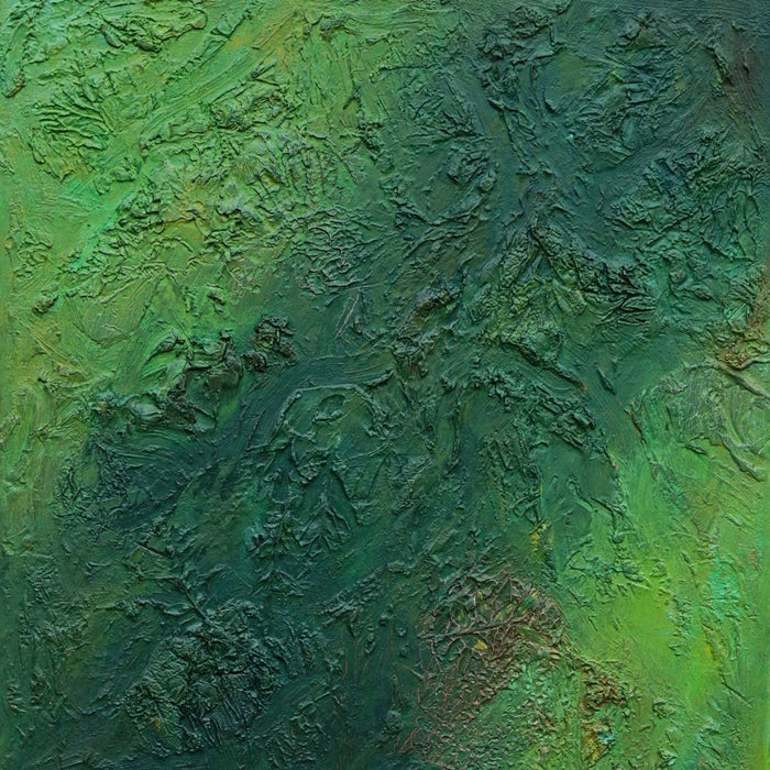 Abstraktes Gemälde „Jose“ in 60 × 40 cm, 2025, grüne Malerei mit Struktur, Acryl und Öl auf Leinwand – Atelier Hellbusch