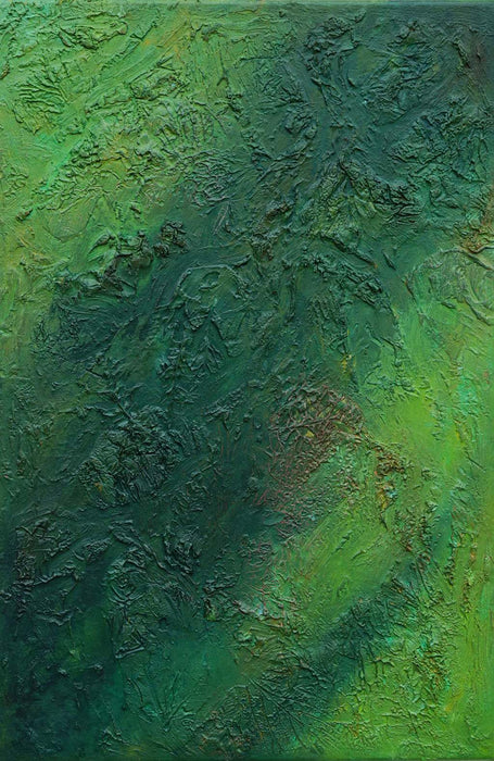 Abstraktes Gemälde „Jose“ in 60 × 40 cm, 2025, grüne Malerei mit Struktur, Acryl und Öl auf Leinwand – Atelier Hellbusch