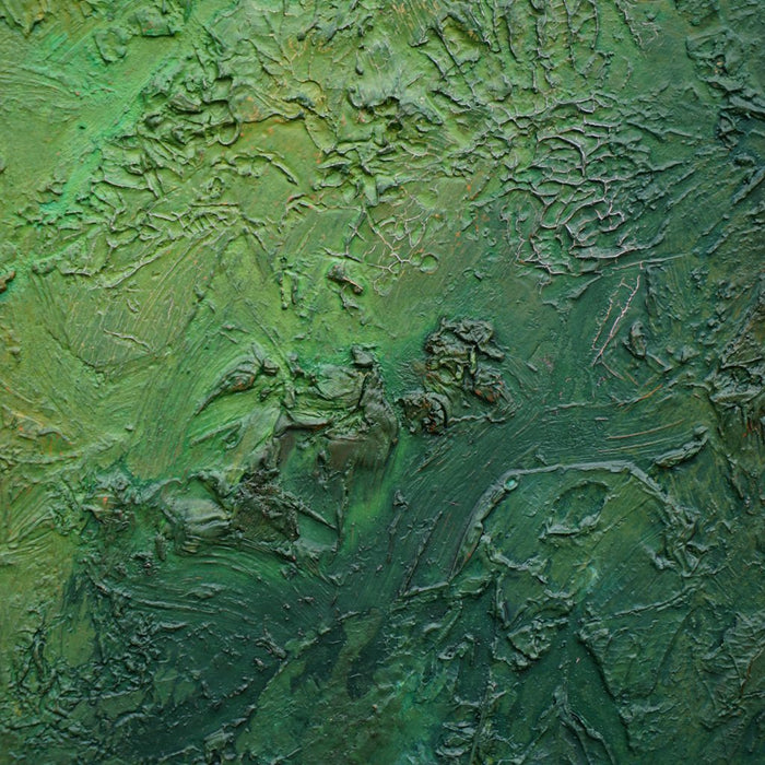 Abstraktes Gemälde „Jose“ in 60 × 40 cm, 2025, grüne Malerei mit Struktur, Acryl und Öl auf Leinwand (Nahaufnahme) – Atelier Hellbusch