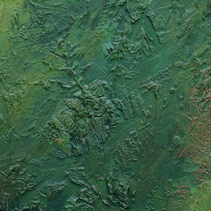 Abstraktes Gemälde „Jose“ in 60 × 40 cm, 2025, grüne Malerei mit Struktur, Acryl und Öl auf Leinwand (Nahaufnahme) – Atelier Hellbusch