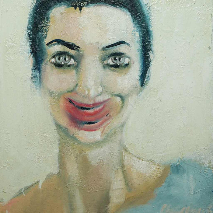 Expressives Portrait „Judy“ mit mehrfach betontem Mund und hervorgehobenen Augen, 50 × 40 cm, 2005, Öl auf Leinwand – Atelier Hellbusch