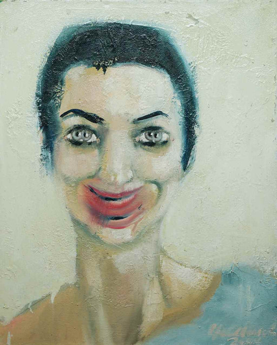 Expressives Portrait „Judy“ mit mehrfach betontem Mund und hervorgehobenen Augen, 50 × 40 cm, 2005, Öl auf Leinwand – Atelier Hellbusch