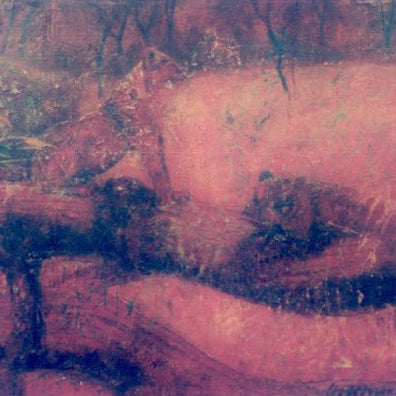 Lions and Trunk – Löwen ruhend an Baumstamm, Ölbild in fossiler Malerei mit erdigen Rottönen, expressive Tierdarstellung, Atelier Hellbusch.