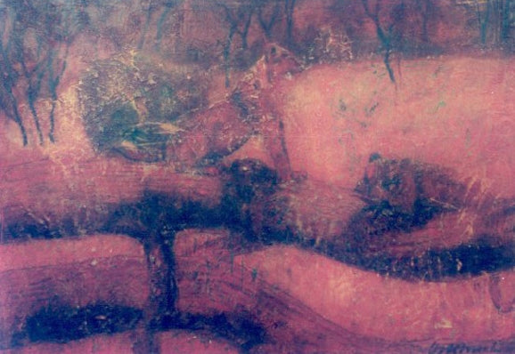 Lions and Trunk – Löwen ruhend an Baumstamm, Ölbild in fossiler Malerei mit erdigen Rottönen, expressive Tierdarstellung, Atelier Hellbusch.