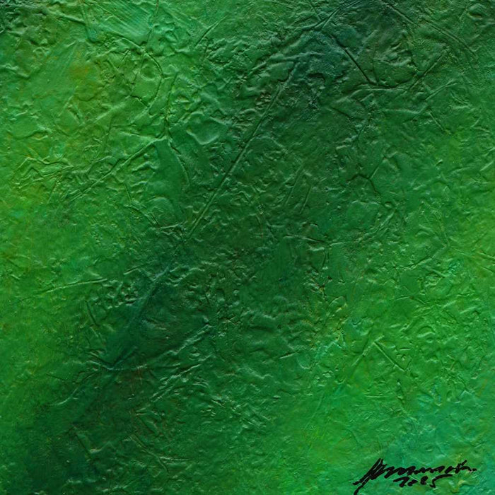 "Maria", 40x40cm,2025: kleines grünes Gemälde von Mark Hellbusch als Naturabstraktion mit dichter strukturierter Oberfläche