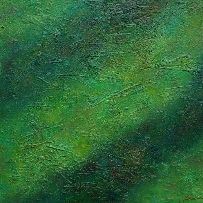 Abstraktes Gemälde „Martina“ (110 × 100 cm, 2022) – moderne grüne Malerei auf Leinwand mit organischen Strukturen und tiefer Farbwirkung. Atelier Hellbusch