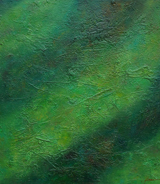 Abstraktes Gemälde „Martina“ (110 × 100 cm, 2022) – moderne grüne Malerei auf Leinwand mit organischen Strukturen und tiefer Farbwirkung. Atelier Hellbusch