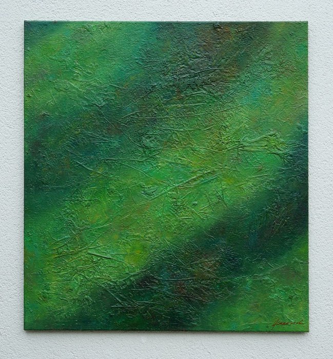 Abstraktes Gemälde „Martina“ (110 × 100 cm, 2022) – moderne grüne Malerei auf Leinwand mit organischen Strukturen und tiefer Farbwirkung. Atelier Hellbusch