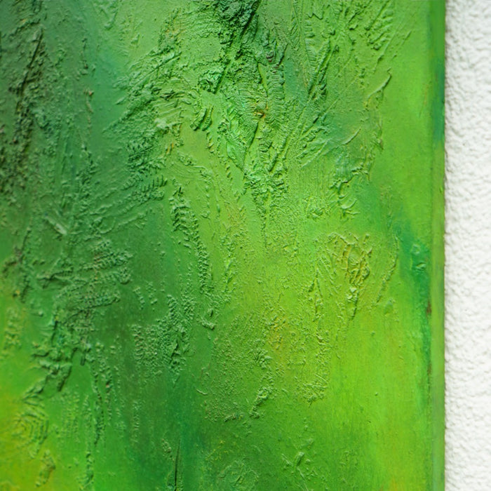 "Melanie", 50x70 cm, 2026 (Seitenansicht): Kunst in Grün auf Leinwand von Mark Hellbusch mit organischen Strukturen und tiefer Farbschichtung