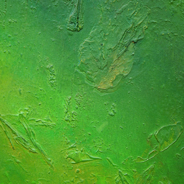 "Melanie", 50x70 cm, 2026 (Ausschnitt): Kunst in Grün auf Leinwand von Mark Hellbusch mit organischen Strukturen und tiefer Farbschichtung