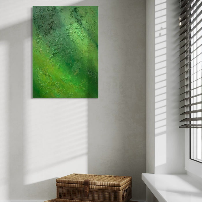 "Melanie", 50x70 cm, 2026 (in situ): Kunst in Grün auf Leinwand von Mark Hellbusch mit organischen Strukturen und tiefer Farbschichtung