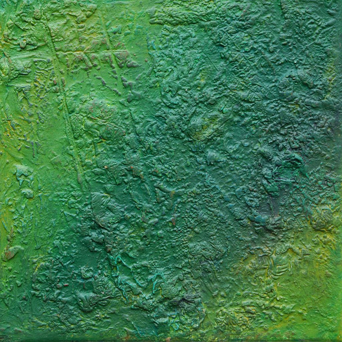 Abstraktes Gemälde „Mohammad“ in 20 × 20 cm, 2025, grüne Ölmalerei mit Struktur und Tiefe auf Leinwand – Atelier Hellbusch