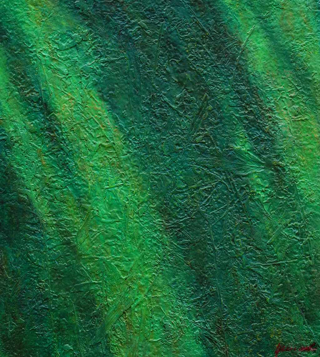 Abstraktes Gemälde „Monika“ mit grünen Farbverläufen und organischen Strukturen, 70 × 60 cm, 2023, Acryl auf Leinwand – Atelier Hellbusch