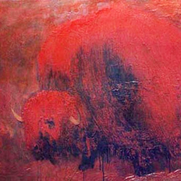Musk Ox – Ölbild eines Moschusochsen in Rot, fossile Malerei, expressive Tierdarstellung auf Leinwand, Atelier Hellbusch.