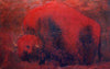 Musk Ox – Ölbild eines Moschusochsen in Rot, fossile Malerei, expressive Tierdarstellung auf Leinwand, Atelier Hellbusch.