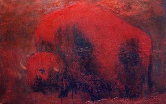 Musk Ox – Ölbild eines Moschusochsen in Rot, fossile Malerei, expressive Tierdarstellung auf Leinwand, Atelier Hellbusch.