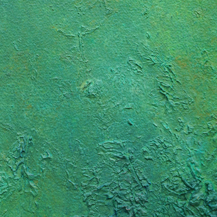 Abstraktes Gemälde „Nushi“ in 50 × 40 cm, 2025, grüne Ölmalerei mit organischen Strukturen auf Leinwand (Nahaufnahme) – Atelier Hellbusch