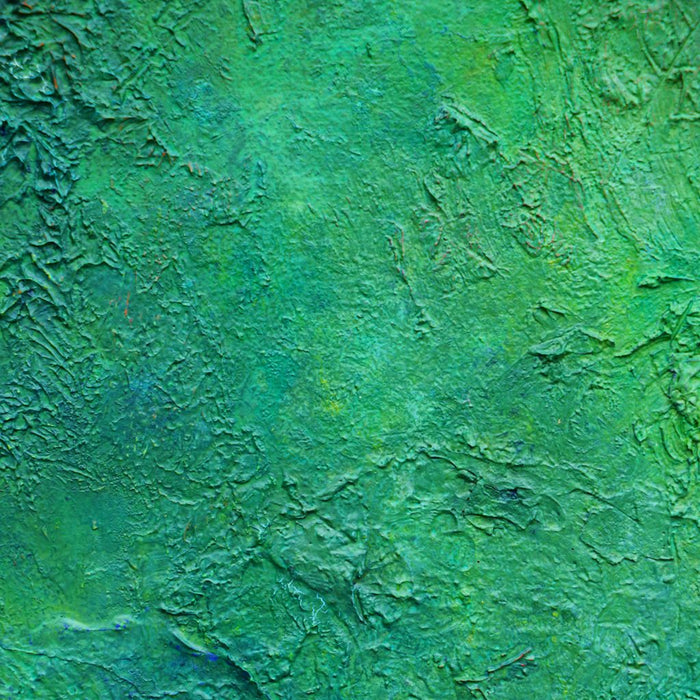 Abstraktes Gemälde „Nushi“ in 50 × 40 cm, 2025, grüne Ölmalerei mit organischen Strukturen auf Leinwand (Nahaufnahme) – Atelier Hellbusch