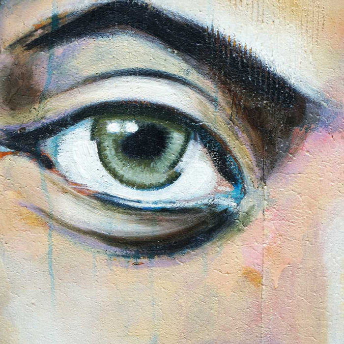 Olivia | modernes, expressives Gemälde auf großformatige Leinwand 150x140cm. Hier: Nahaufnahme Auge - Künstler Mark Hellbusch