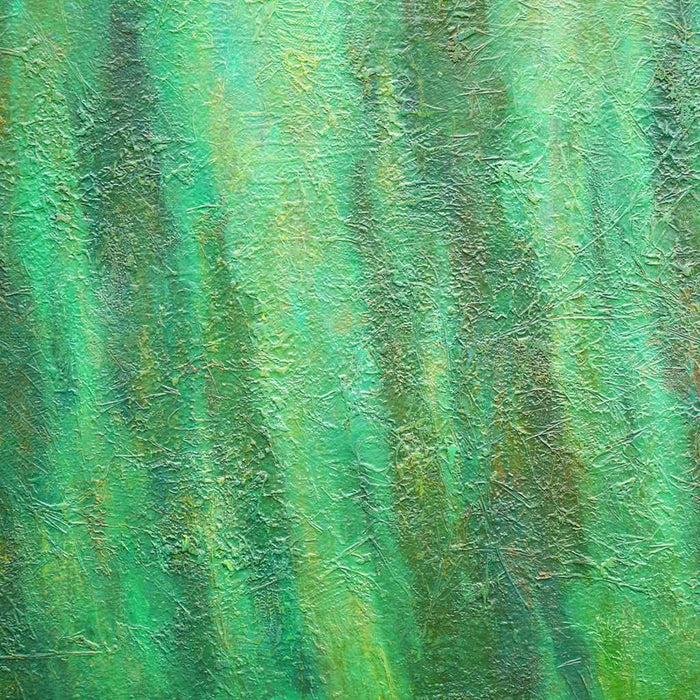 Abstraktes Gemälde „Patrik“ mit grünen Farbflächen und dynamischen Strukturen, 100 × 150 cm, 2023, Acryl auf Leinwand – Atelier Hellbusch