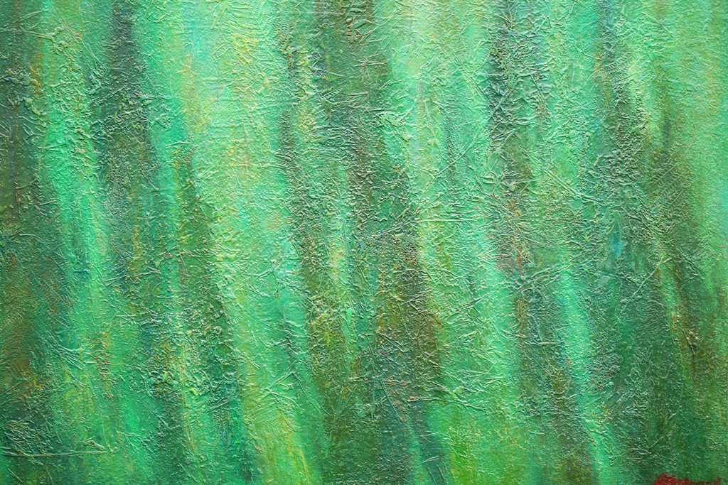 Abstraktes Gemälde „Patrik“ mit grünen Farbflächen und dynamischen Strukturen, 100 × 150 cm, 2023, Acryl auf Leinwand – Atelier Hellbusch