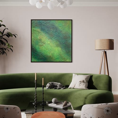 Abstraktes Gemälde „Paul“ (125 × 130 cm, 2022) – großformatige Malerei von Mark Hellbusch in vielschichtigen Grüntönen mit organischen Strukturen und tiefer Farbwirkung (in situ). Atelier Hellbusch