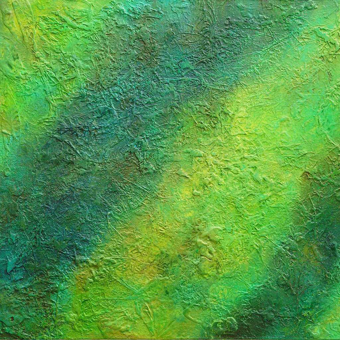 Abstraktes Gemälde „Paul“ (125 × 130 cm, 2022) – großformatige Malerei von Mark Hellbusch in vielschichtigen Grüntönen mit organischen Strukturen und tiefer Farbwirkung. Atelier Hellbusch