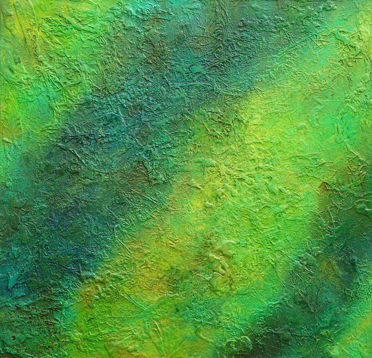 Abstraktes Gemälde „Paul“ (125 × 130 cm, 2022) – großformatige Malerei von Mark Hellbusch in vielschichtigen Grüntönen mit organischen Strukturen und tiefer Farbwirkung. Atelier Hellbusch