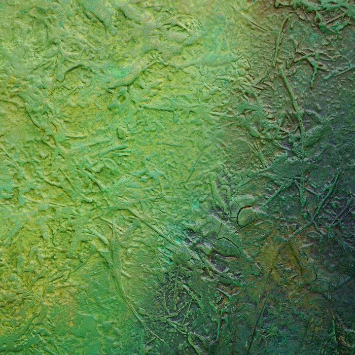 Abstraktes Gemälde „Paul“ (125 × 130 cm, 2022) – großformatige Malerei von Mark Hellbusch in vielschichtigen Grüntönen mit organischen Strukturen und tiefer Farbwirkung (Nahaufnahme). Atelier Hellbusch