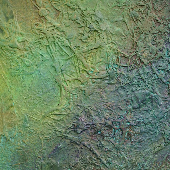 Abstraktes Gemälde „Paul“ (125 × 130 cm, 2022) – großformatige Malerei von Mark Hellbusch in vielschichtigen Grüntönen mit organischen Strukturen und tiefer Farbwirkung (Nahaufnahme). Atelier Hellbusch