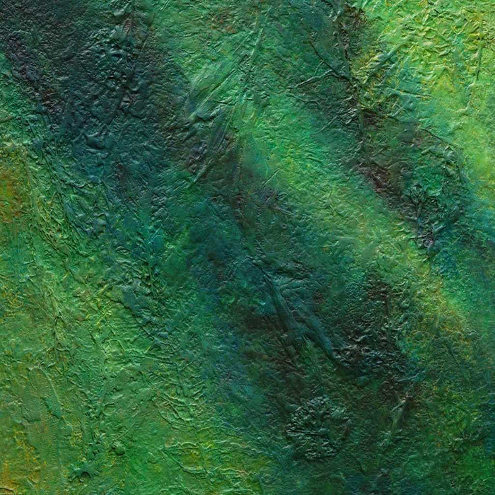 Abstraktes Gemälde „Petra“ mit grünen Farbflächen und organischen Strukturen, 90 × 80 cm, 2023, Acryl auf Leinwand – Atelier Hellbusch