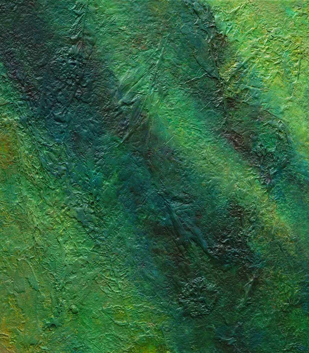 Abstraktes Gemälde „Petra“ mit grünen Farbflächen und organischen Strukturen, 90 × 80 cm, 2023, Acryl auf Leinwand – Atelier Hellbusch