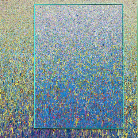 Großes abstraktes Gemälde „RE 12“ von Mark Hellbusch, 120x110 cm. Entstanden aus zwei überarbeiteten Leinwänden, verbindet das Werk intensive Blau-, Grün- und Gelbtöne mit feinen Strukturen und lebendigen Farbübergängen. Die doppelte Rahmung mit schmalem Innenrahmen und Schattenfuge betont die räumliche Tiefe. Ausdrucksstarke, zeitgenössische Kunst über Transformation und kreative Erneuerung.