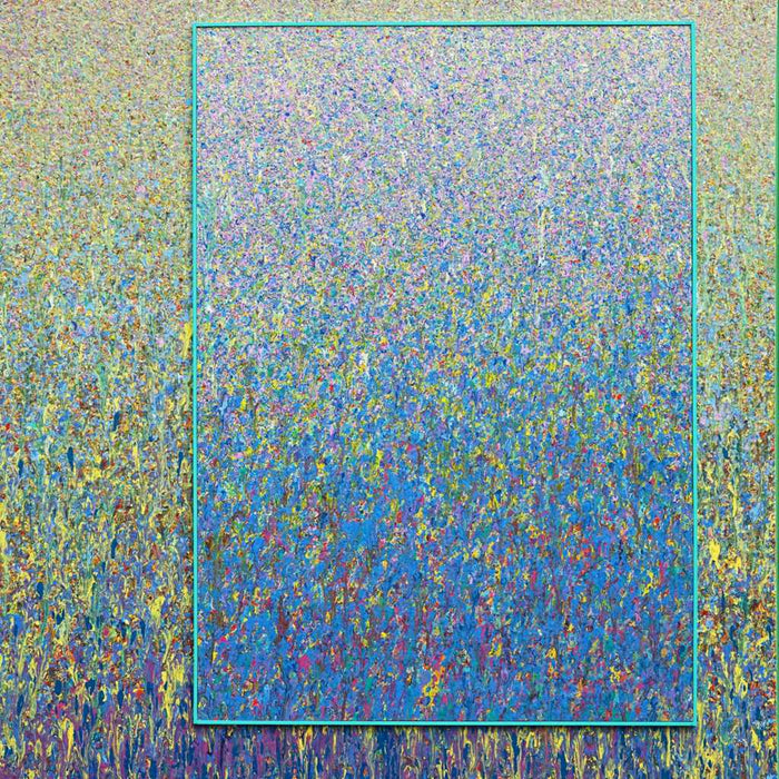 Großes abstraktes Gemälde „RE 12“ von Mark Hellbusch, 120x110 cm. Entstanden aus zwei überarbeiteten Leinwänden, verbindet das Werk intensive Blau-, Grün- und Gelbtöne mit feinen Strukturen und lebendigen Farbübergängen. Die doppelte Rahmung mit schmalem Innenrahmen und Schattenfuge betont die räumliche Tiefe. Ausdrucksstarke, zeitgenössische Kunst über Transformation und kreative Erneuerung.