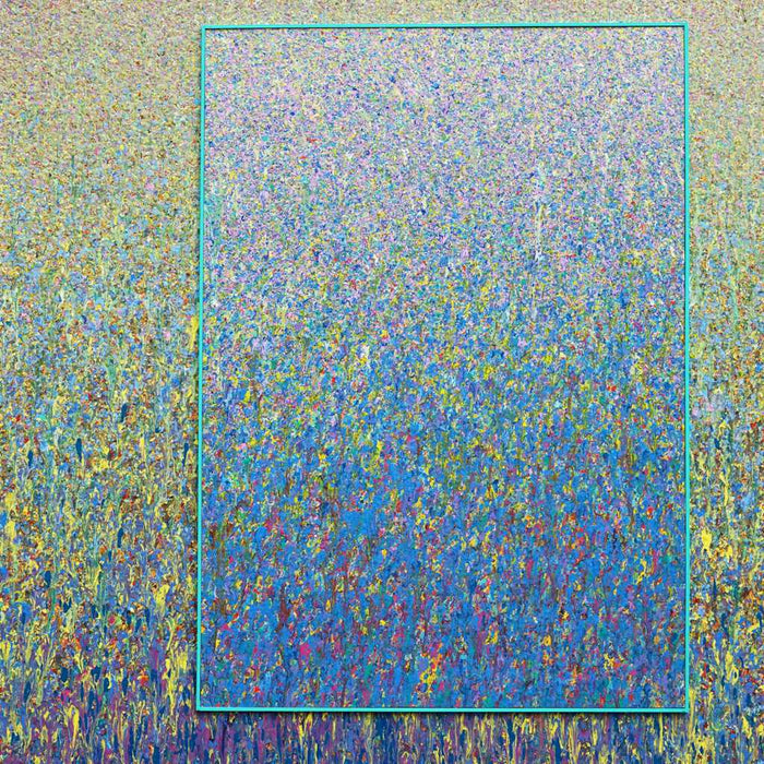 Großes abstraktes Gemälde „RE 12“ von Mark Hellbusch, 120x110 cm. Entstanden aus zwei überarbeiteten Leinwänden, verbindet das Werk intensive Blau-, Grün- und Gelbtöne mit feinen Strukturen und lebendigen Farbübergängen. Die doppelte Rahmung mit schmalem Innenrahmen und Schattenfuge betont die räumliche Tiefe. Ausdrucksstarke, zeitgenössische Kunst über Transformation und kreative Erneuerung.