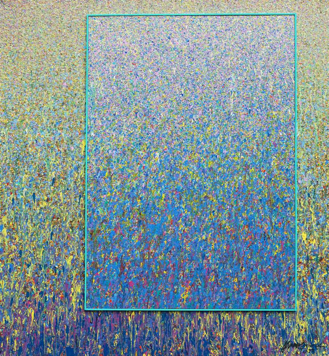 Großes abstraktes Gemälde „RE 12“ von Mark Hellbusch, 120x110 cm. Entstanden aus zwei überarbeiteten Leinwänden, verbindet das Werk intensive Blau-, Grün- und Gelbtöne mit feinen Strukturen und lebendigen Farbübergängen. Die doppelte Rahmung mit schmalem Innenrahmen und Schattenfuge betont die räumliche Tiefe. Ausdrucksstarke, zeitgenössische Kunst über Transformation und kreative Erneuerung.