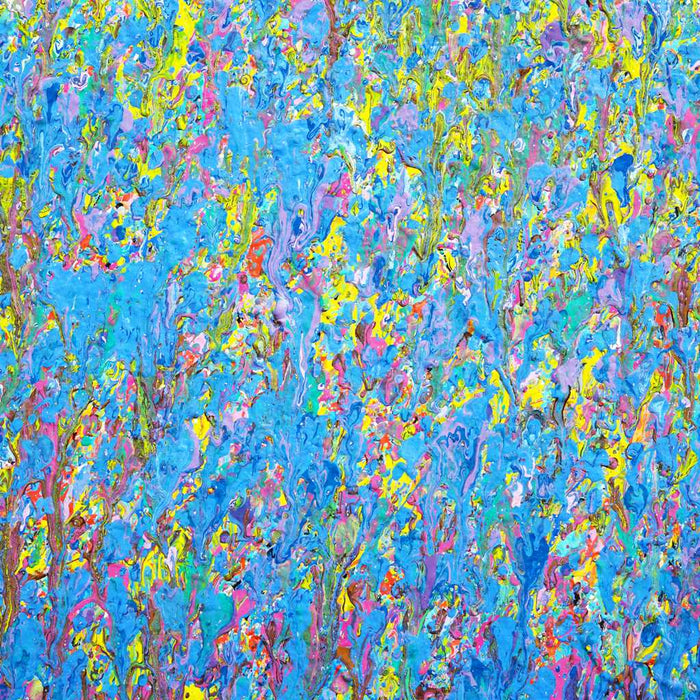 Großes abstraktes Gemälde „RE 12“ von Mark Hellbusch, 120x110 cm (Ausschnitt). Entstanden aus zwei überarbeiteten Leinwänden, verbindet das Werk intensive Blau-, Grün- und Gelbtöne mit feinen Strukturen und lebendigen Farbübergängen. Die doppelte Rahmung mit schmalem Innenrahmen und Schattenfuge betont die räumliche Tiefe. Ausdrucksstarke, zeitgenössische Kunst über Transformation und kreative Erneuerung.