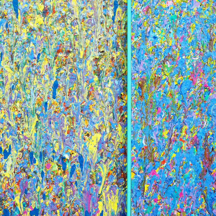 Großes abstraktes Gemälde „RE 12“ von Mark Hellbusch, 120x110 cm (Nahaufnahme). Entstanden aus zwei überarbeiteten Leinwänden, verbindet das Werk intensive Blau-, Grün- und Gelbtöne mit feinen Strukturen und lebendigen Farbübergängen. Die doppelte Rahmung mit schmalem Innenrahmen und Schattenfuge betont die räumliche Tiefe. Ausdrucksstarke, zeitgenössische Kunst über Transformation und kreative Erneuerung.