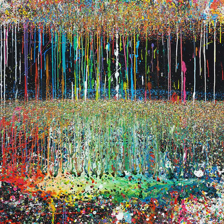 Abstraktes Gemälde „RE 13“ auf schwarzem Hintergrund mit bunten Farbspritzern, 180x120 cm, aus der Kollektion „Reste eines Experiments“. Künstler Mark Hellbusch