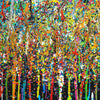 Abstraktes Gemälde „RE 13“ (Nahaufnahme) auf schwarzem Hintergrund mit bunten Farbspritzern, 180x120 cm, aus der Kollektion „Reste eines Experiments“. Künstler Mark Hellbusch