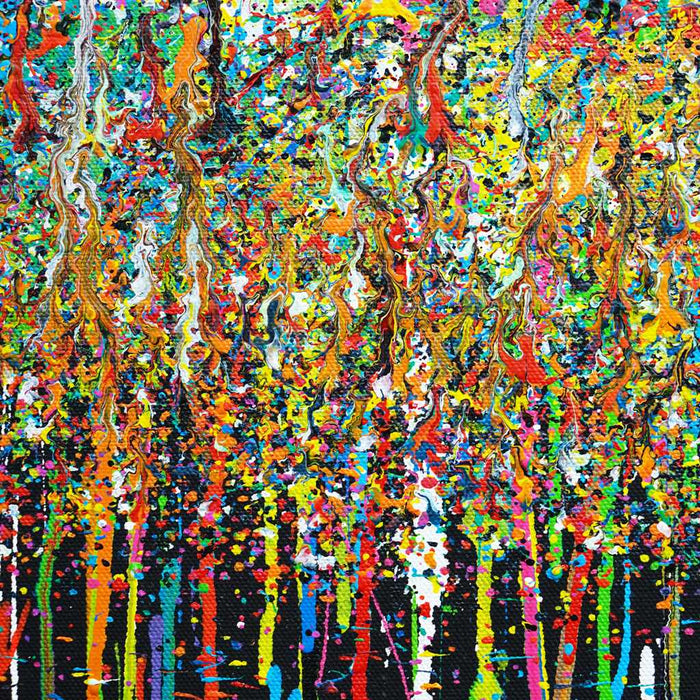 Abstraktes Gemälde „RE 13“ (Nahaufnahme) auf schwarzem Hintergrund mit bunten Farbspritzern, 180x120 cm, aus der Kollektion „Reste eines Experiments“. Künstler Mark Hellbusch
