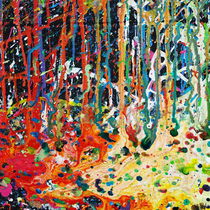 Abstraktes Gemälde „RE 13“ (Nahaufnahme) auf schwarzem Hintergrund mit bunten Farbspritzern, 180x120 cm, aus der Kollektion „Reste eines Experiments“. Künstler Mark Hellbusch