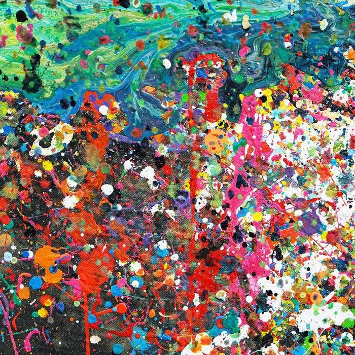 Abstraktes Gemälde „RE 13“ (Nahaufnahme) auf schwarzem Hintergrund mit bunten Farbspritzern, 180x120 cm, aus der Kollektion „Reste eines Experiments“. Künstler Mark Hellbusch