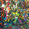 Abstraktes Gemälde „RE 13“ (Nahaufnahme) auf schwarzem Hintergrund mit bunten Farbspritzern, 180x120 cm, aus der Kollektion „Reste eines Experiments“. Künstler Mark Hellbusch