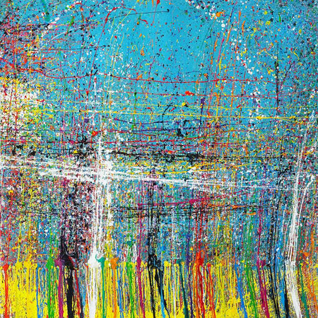 Abstraktes Gemälde „RE 14“ auf blauem Hintergrund mit bunten Farbspritzern, 140x140 cm, aus der Kollektion „Reste eines Experiments“. 2024 von Mark Hellbusch, freischaffender Künstler bei Frankfurt, gemalt.