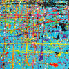 Abstraktes Gemälde „RE 14“ (Nahaufnahme) auf blauem Hintergrund mit bunten Farbspritzern, 140x140 cm, aus der Kollektion „Reste eines Experiments“. 2024 von Mark Hellbusch, freischaffender Künstler bei Frankfurt, gemalt.