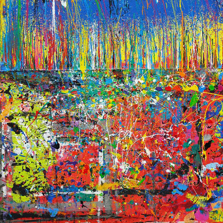 Zeitgenössisches Gemälde „RE 16“ mit kräftigen Farben und abstrakten Formen im Großformat (120 x 150 cm). Teil der Serie „Reste eines Experiments“, gemalt 2024 vom Künstler Mark Hellbusch.